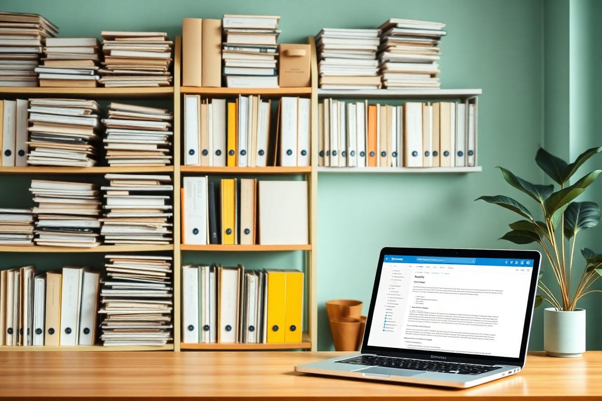 Ordentlich gefüllte Aktenregale neben einem Laptop, auf dem eine aufgeräumte Wissensdatenbank geöffnet ist