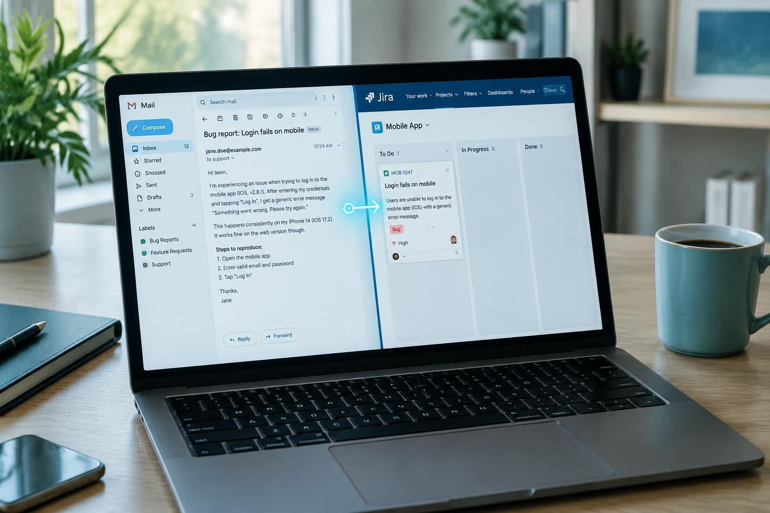 Laptop mit E-Mail-Posteingang links und Jira-Board rechts – ein Pfeil verbindet Bug-E-Mail und automatisch erstelltes Ticket