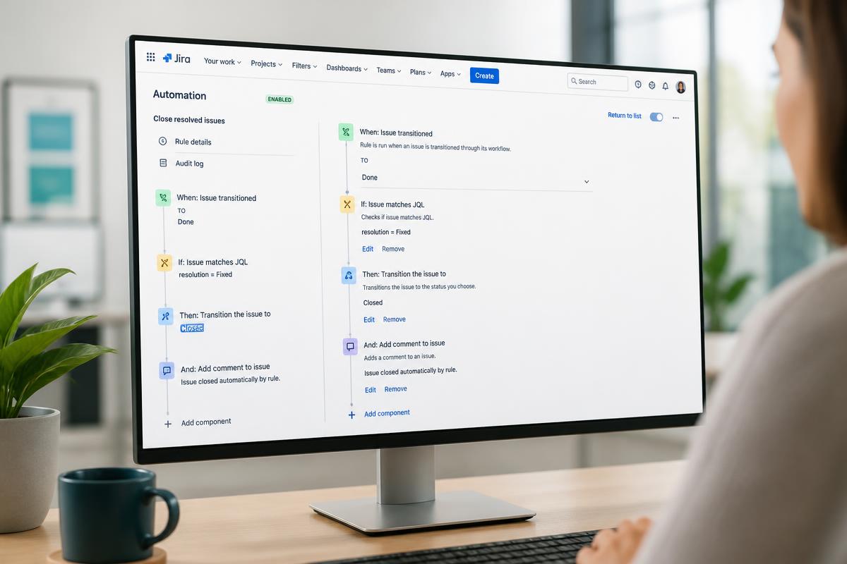 Jira Automation Regel auf einem Monitor in einem hellen, modernen Büro