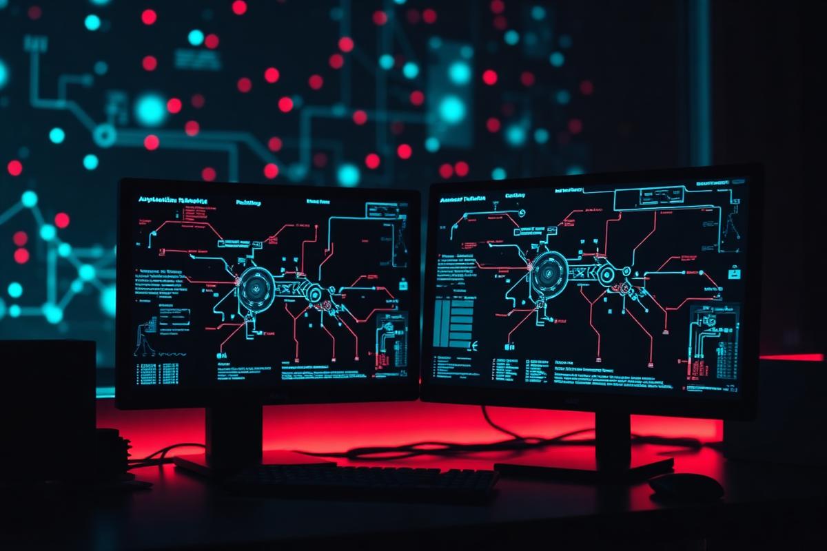 Zwei Monitore mit leuchtenden Netzwerk- und Automatisierungsgrafiken in einem dunklen Arbeitsraum