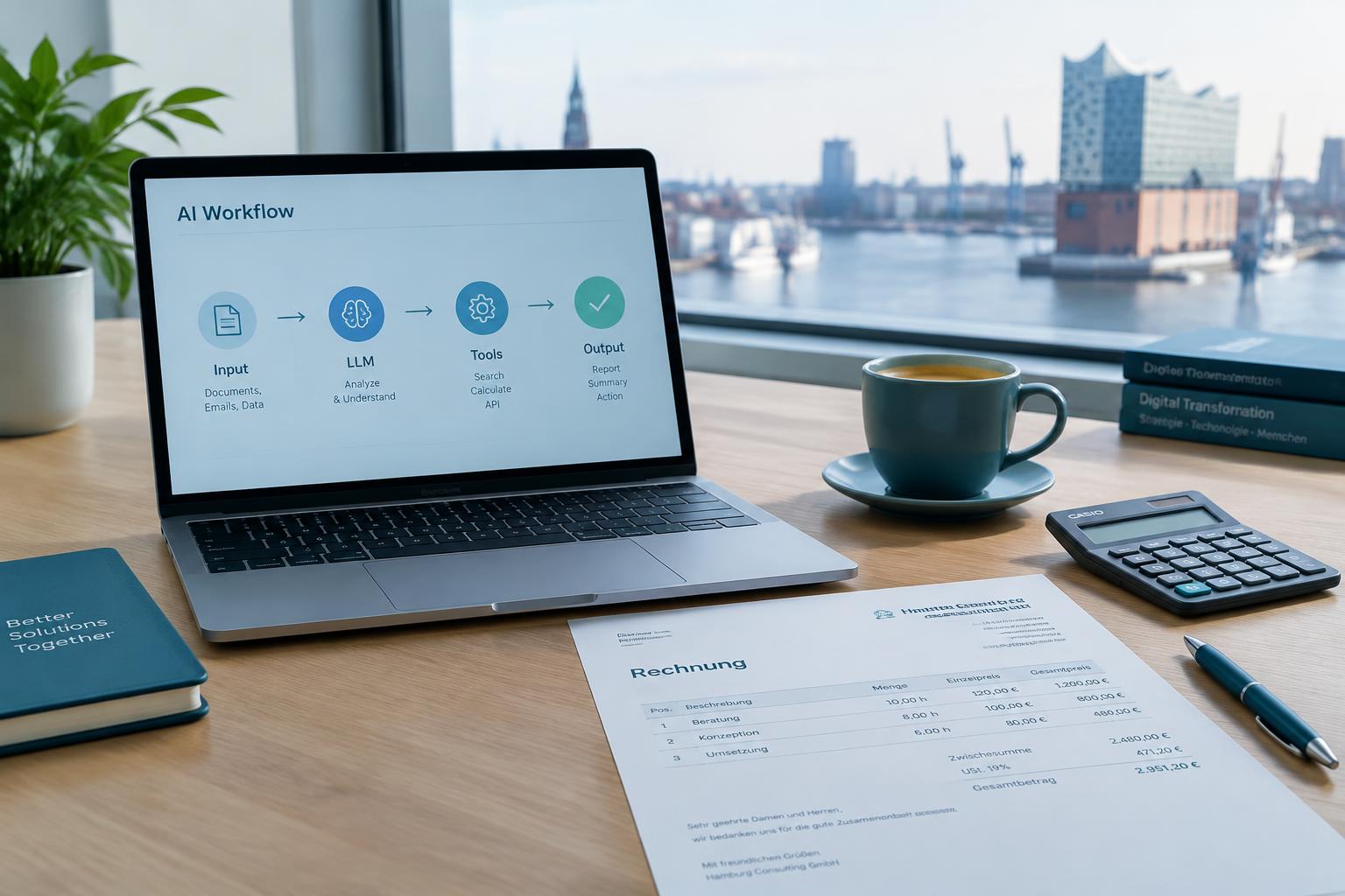 Schreibtisch mit Laptop, der einen KI-Workflow zeigt, daneben eine Rechnung mit Taschenrechner – Blick über den Hamburger Hafen